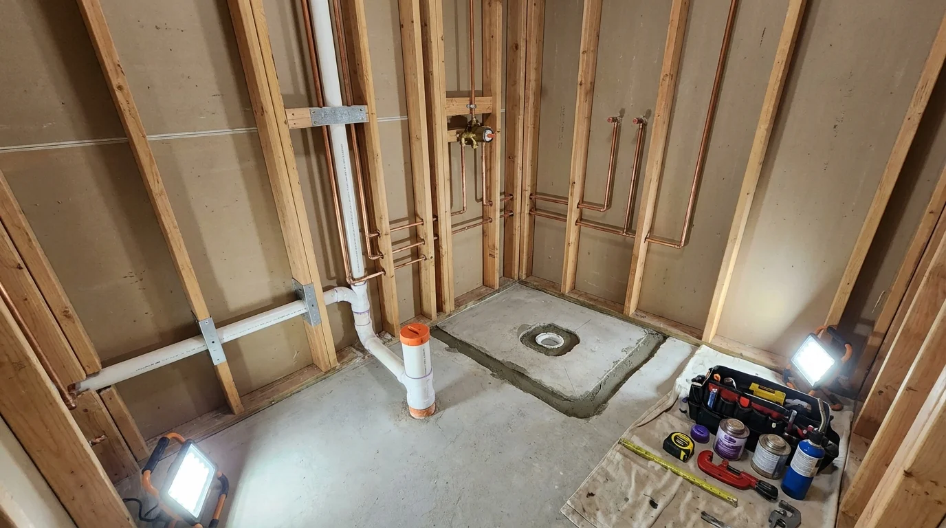 Bathroom rough-in plumbing during remodel by Johns Plumbing LLC in Searsmont