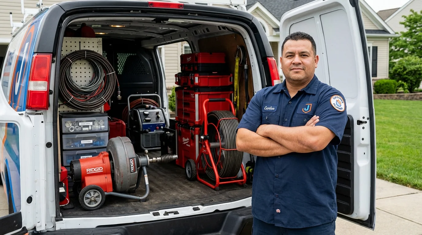 Professional drain cleaning equipment and Johns Plumbing LLC plumber in Searsmont