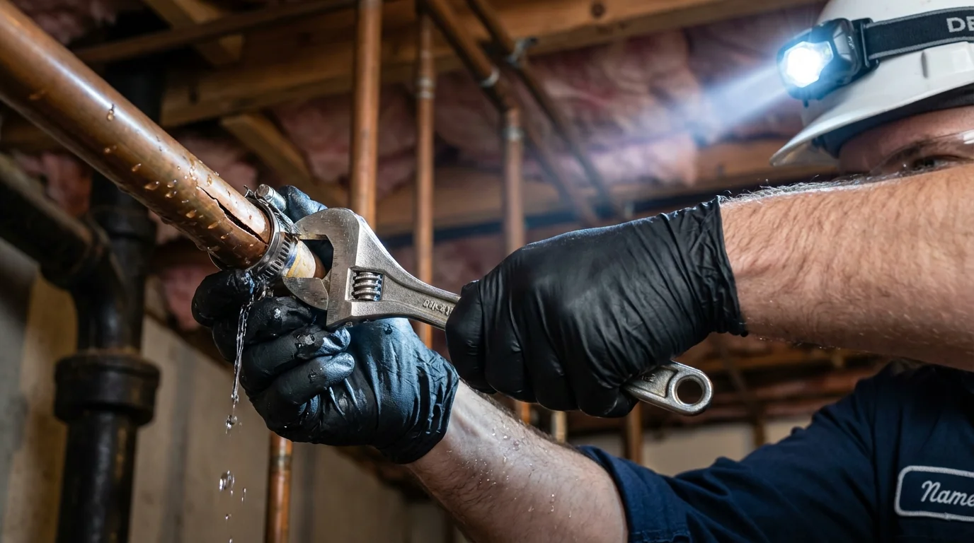 Emergency pipe clamp repair being performed by a Johns Plumbing LLC plumber in Searsmont