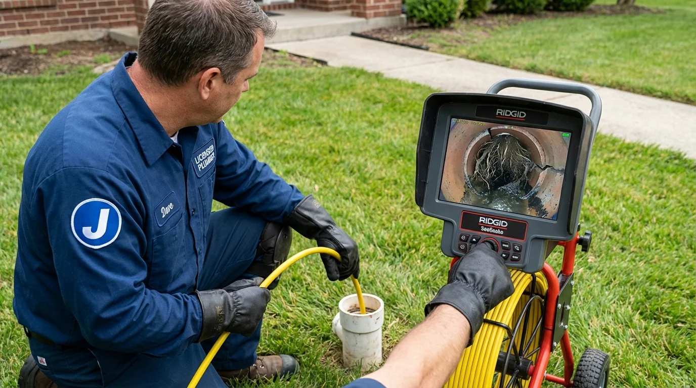 Sewer camera inspection being performed by Johns Plumbing LLC in Searsmont