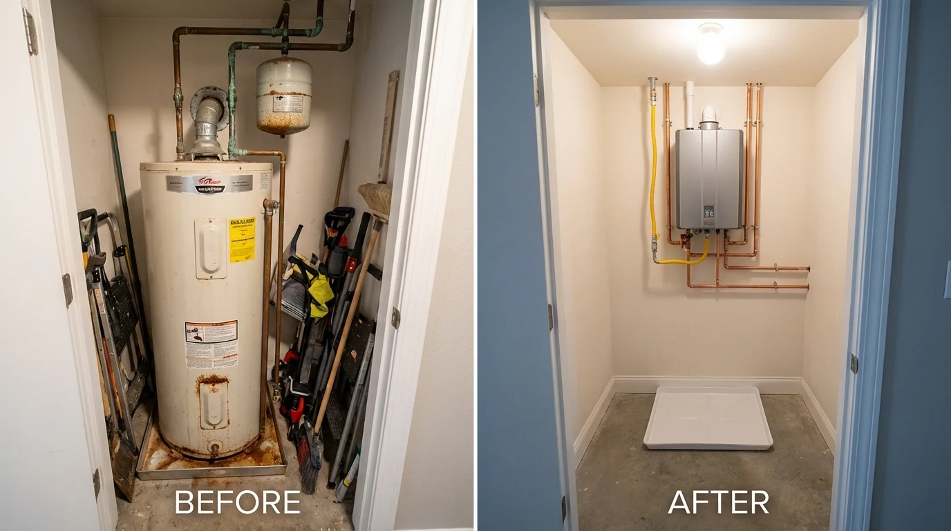 Tank water heater versus wall-mounted tankless unit comparison for Searsmont, ME homeowners