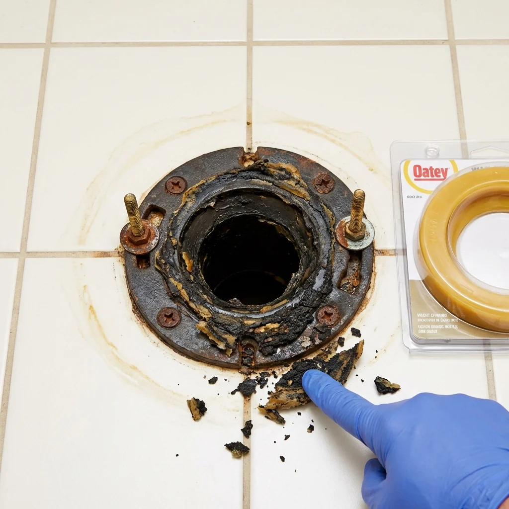 Failed wax ring showing water seepage at the base of a toilet in a Searsmont, ME home