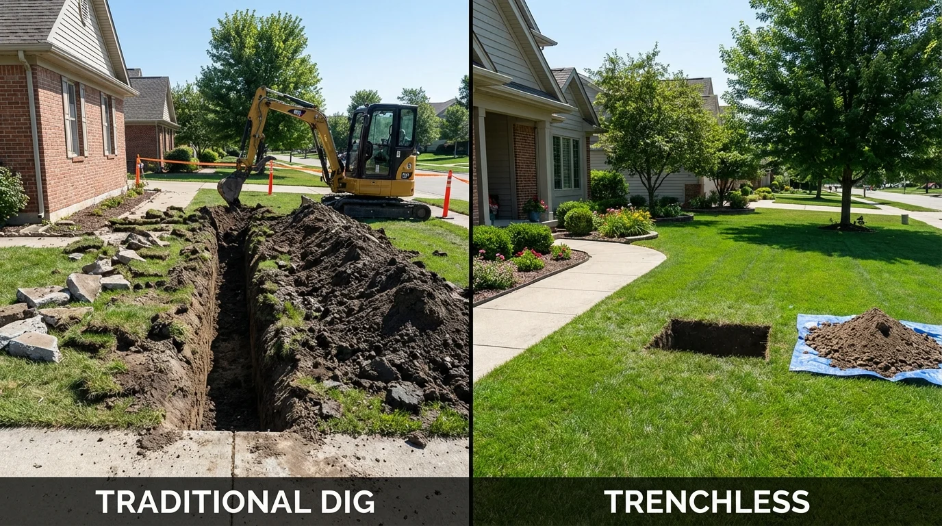 Trenchless sewer repair with minimal yard damage versus traditional excavation in Searsmont, ME