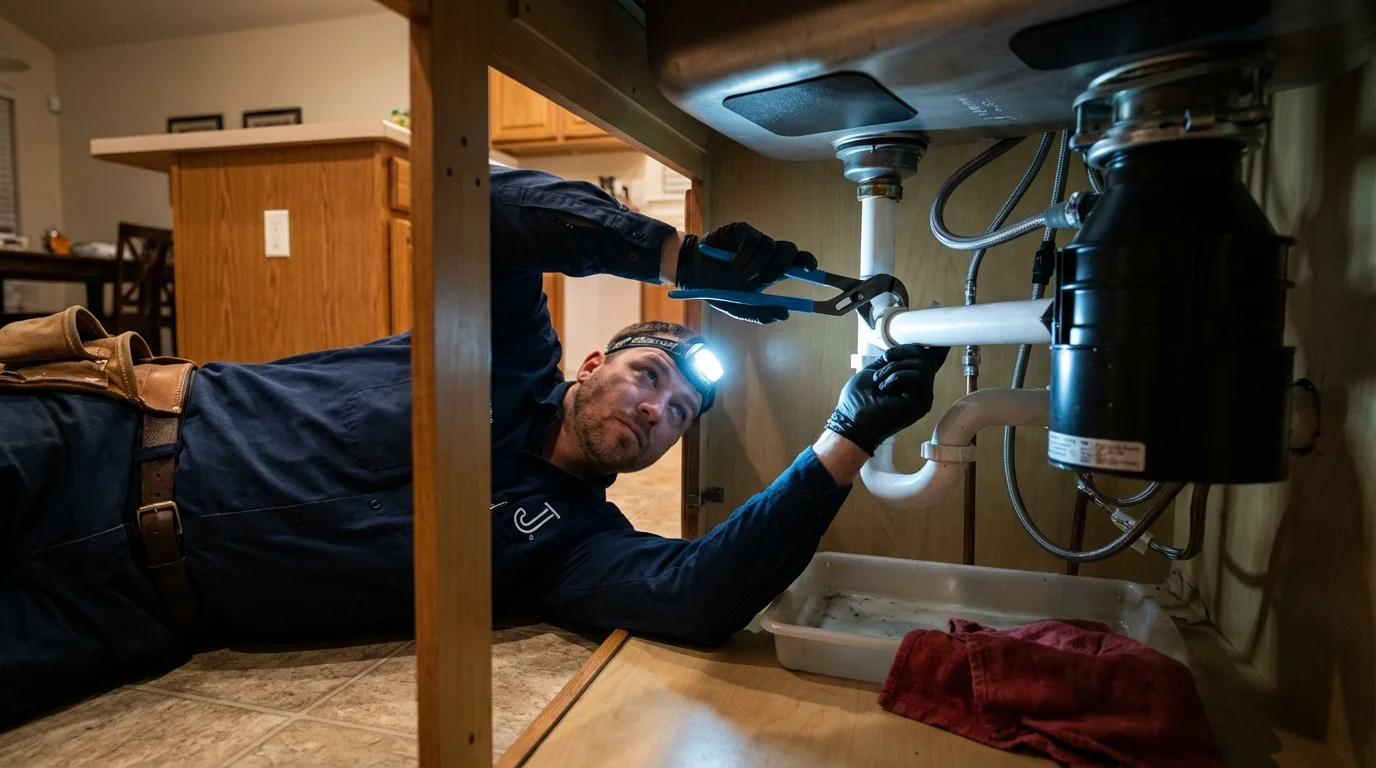 P-trap and supply line connections under a kitchen sink showing a common leak point in Searsmont, ME